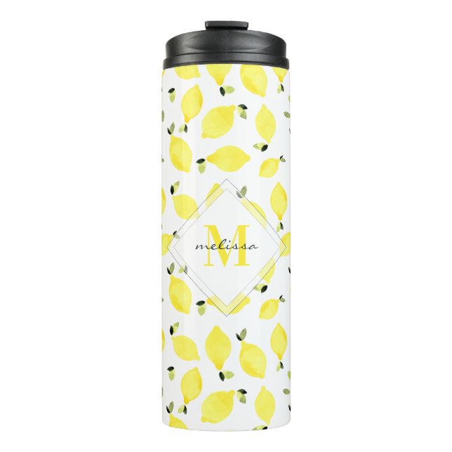 Yellow Monogram + Name on Watercolor Lemon Pattern Thermal Tumbler (Front)