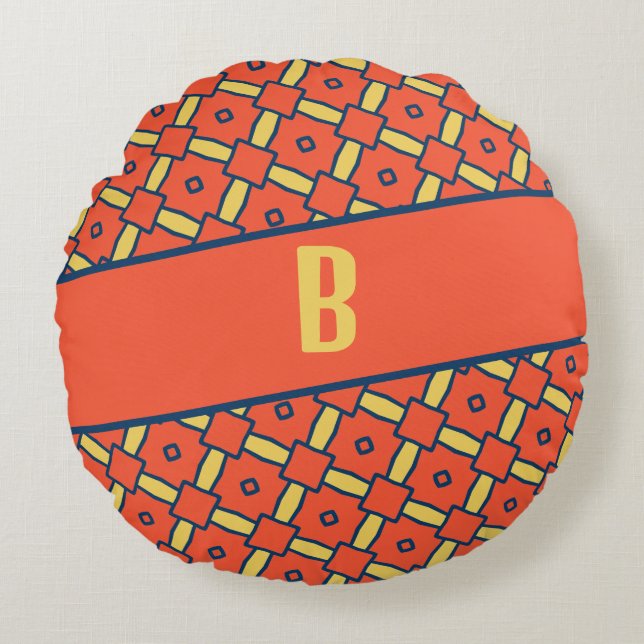 Yellow Monogram Orange Geometric Pattern Round Pillow (Front)