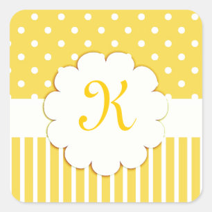 Yellow Monogram with Polka Dots and Stripes Square Sticker