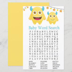 Yellow Monster Baby Shower Word Search Game
