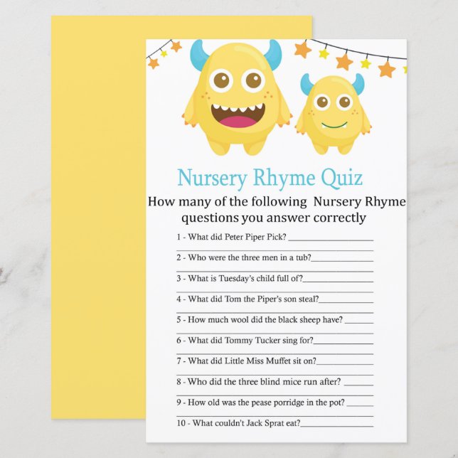Yellow Monster Nursery Rhyme Quiz baby shower game (Front/Back)