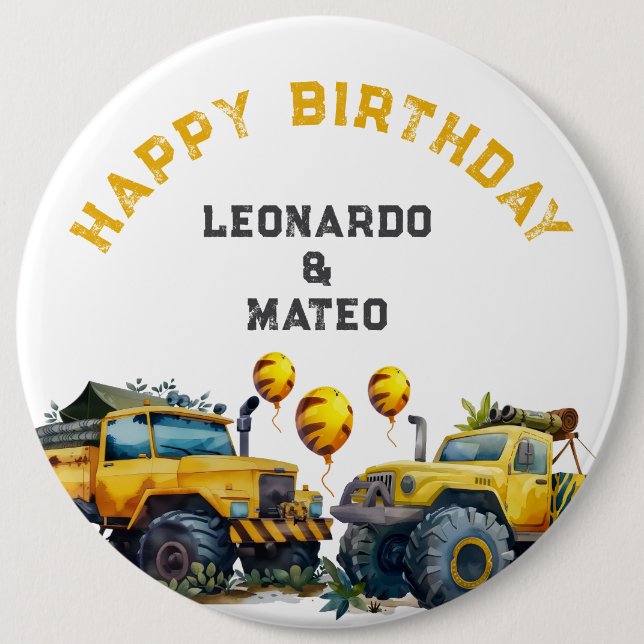 Yellow Monster Trucks Boys Happy Birthday  6 Inch Round Button (Front)