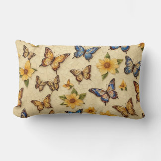 Yellow Mosaic Butterflies And Flowers Lumbar Pillow