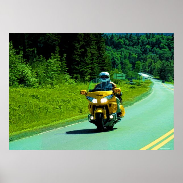 Yellow Motorcycle Highway Riding Art Poster (Front)