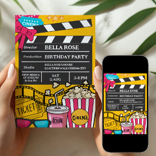 Yellow Movie Night Birthday Party For Girls Invitation
