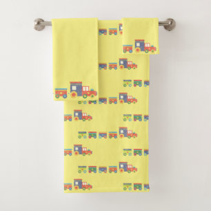 YELLOW MULTI TRAIN CHALKBOARD BATHROOM TOWEL SET