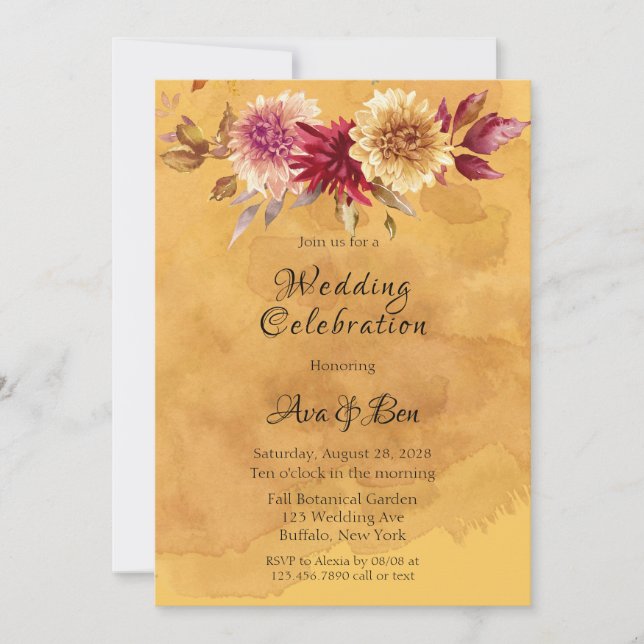 Yellow Mustard Watercolor Dahlia Flowers Wedding Invitation (Front)
