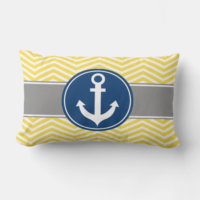 Yellow Nautical Anchor Chevron Lumbar Pillow (Front)