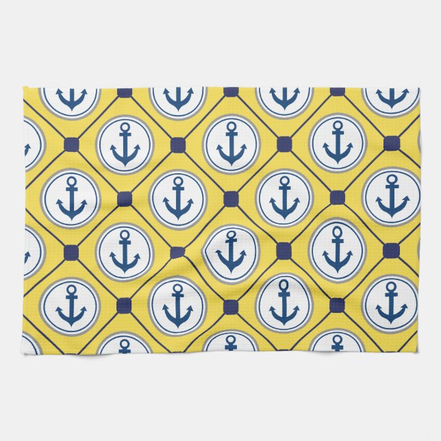 Yellow Nautical Anchor Pattern Kitchen Towel (Horizontal)