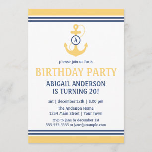 Yellow Nautical Birthday Party Invites with Anchor