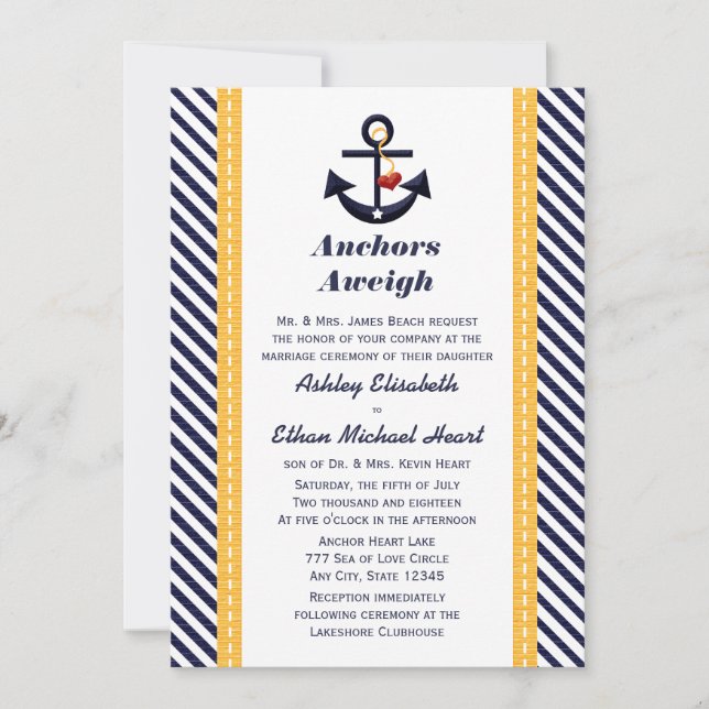 Yellow Navy Anchor Nautical Wedding Invitations (Front)