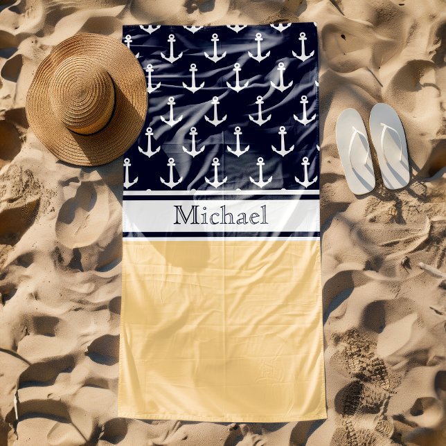 Yellow Navy Blue Anchor Pattern Name Nautical Beach Towel (Creator Uploaded)