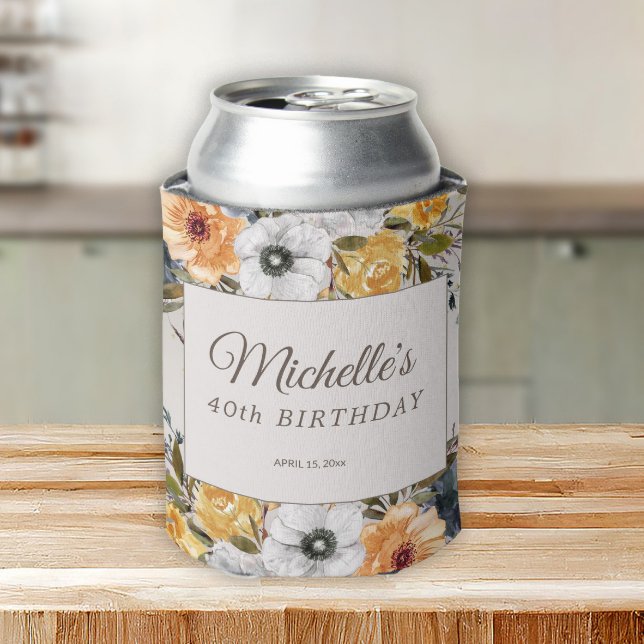 Yellow Navy Blue Floral Glitter 40th Birthday Name Can Cooler (Mustard yellow and navy blue watercolor floral women's 40th birthday party can cooler)