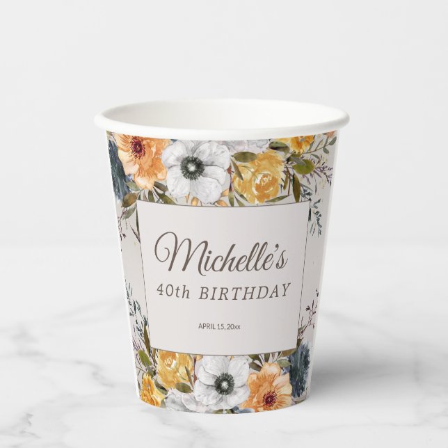 Yellow Navy Blue Floral Glitter 40th Birthday Name Paper Cups (Front)