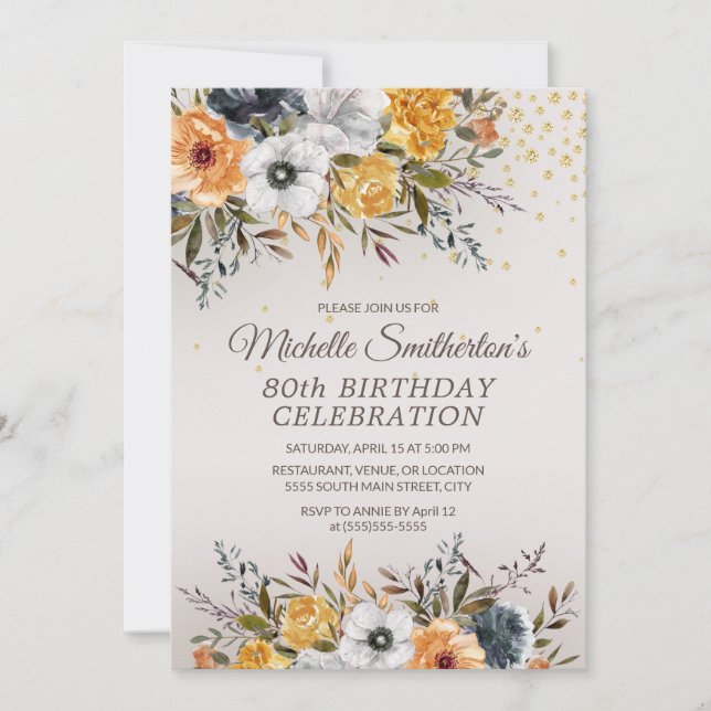 Yellow Navy Blue Floral Glitter 80th Birthday Invitation (Front)