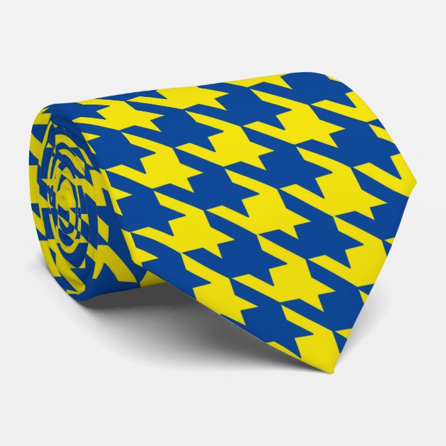 Yellow & Navy Blue Large Houndstooth Check Tie (Rolled)