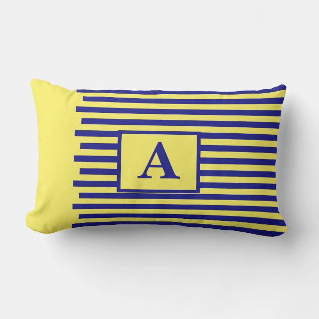 Yellow Navy Blue Nautical Monograms Stripes Cute Lumbar Pillow (Front)