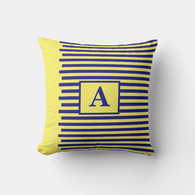 Yellow Navy Blue Nautical Monograms Stripes Cute Outdoor Pillow (Front)