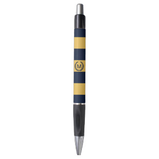 Yellow & Navy Blue Striped Monogram Personalized Pen
