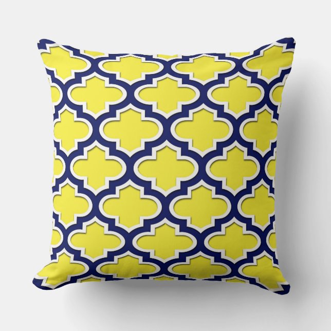 Yellow Navy Blue White Moroccan Quatrefoil #3DS Throw Pillow (Front)