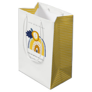 Yellow Navy Boho Floral Rainbow Any Age Birthday Medium Gift Bag