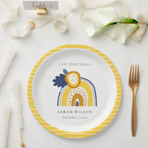 Yellow Navy Boho Floral Rainbow Any Age Birthday Paper Plate