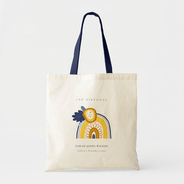 Yellow Navy Boho Floral Rainbow Any Age Birthday Tote Bag (Front)