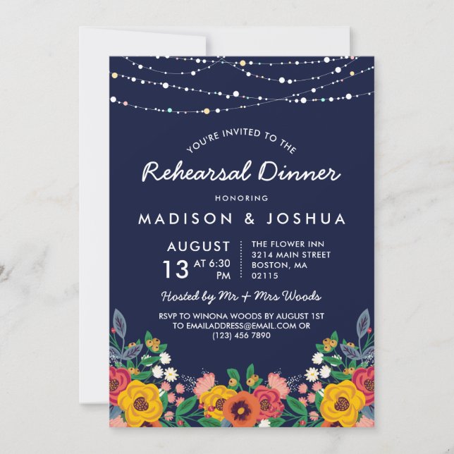 Yellow Navy Boho Florals Stringlights Rehearsal Invitation (Front)