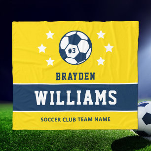Yellow Navy Custom Soccer Name Number Fleece Blanket