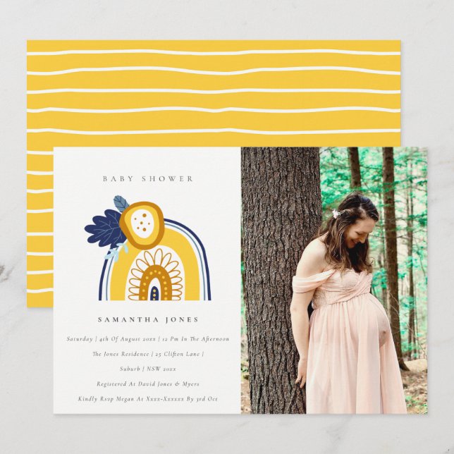 Yellow Navy Flora Rainbow Photo Baby Shower Invite (Front/Back)