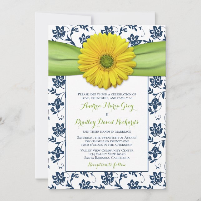 Yellow, Navy, Green Damask Wedding Invitation (Front)