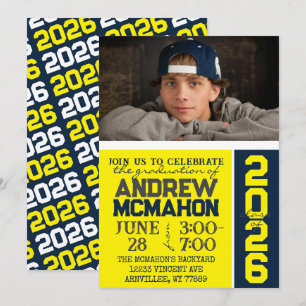 Yellow & Navy Modern Graduation Photo Invitation