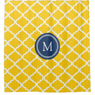 Yellow Navy Quatrefoil Monogram Shower Curtain