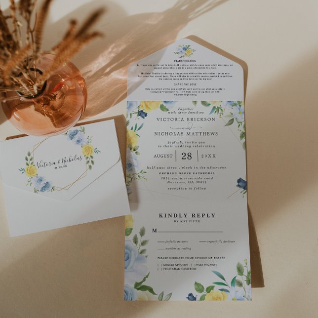 Yellow & Navy Summer Floral | Wedding All In One Invitation (Creator Uploaded)