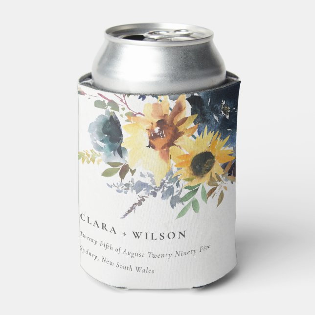 Yellow Navy Sunflowers Watercolor Floral Wedding Can Cooler (Can Front)
