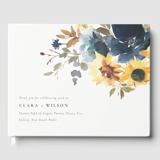 Yellow Navy Sunflowers Watercolor Floral Wedding Guest Book (Front)