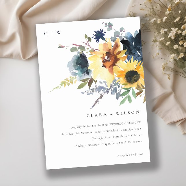 Yellow Navy Sunflowers Watercolor Floral Wedding Invitation (Creator Uploaded)