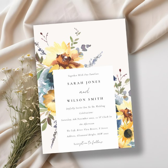 Yellow Navy Sunflowers Watercolor Floral Wedding Invitation (Creator Uploaded)