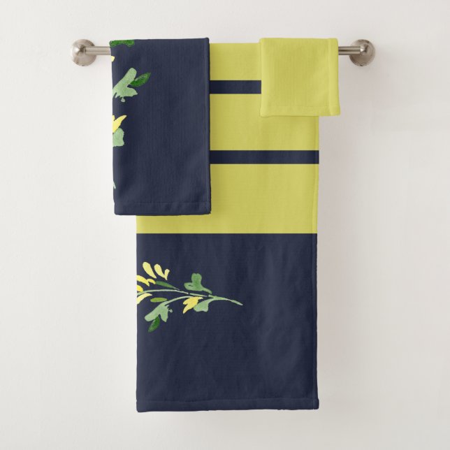 Yellow & Navy Watercolor Wildflower Bath Towel Set (Insitu)