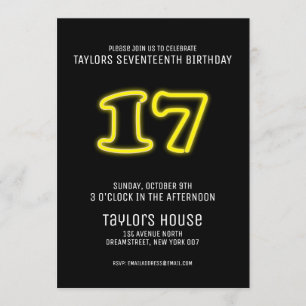 Yellow Neon Sign 17th Trendy Birthday Party Invitation
