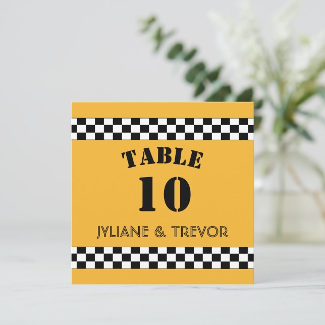 Yellow NYC Chequered Taxi Cab Square Table Number (Standing Front)