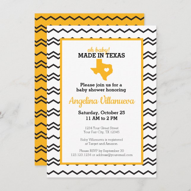 Yellow Oh Baby! Chevron Made in Texas Shower Invitation (Front/Back)