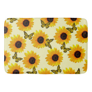 Yellow Oil Painted Sunflowers And Butterflies, Bath Mat
