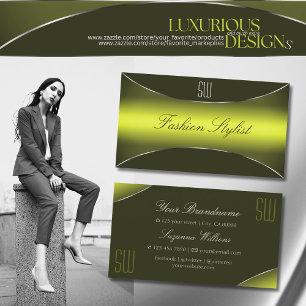 Yellow Olive Green with Silver Border and Monogram Business Card