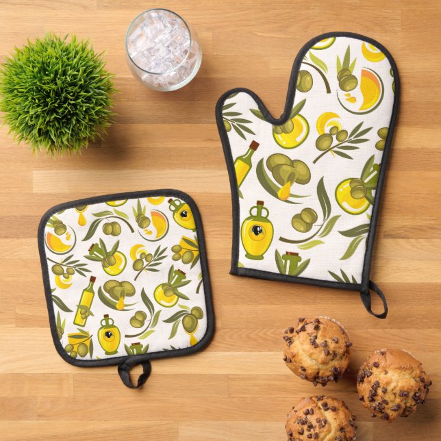 Yellow Olive Oil Oven Mitt & Pot Holder Set (Top Down)