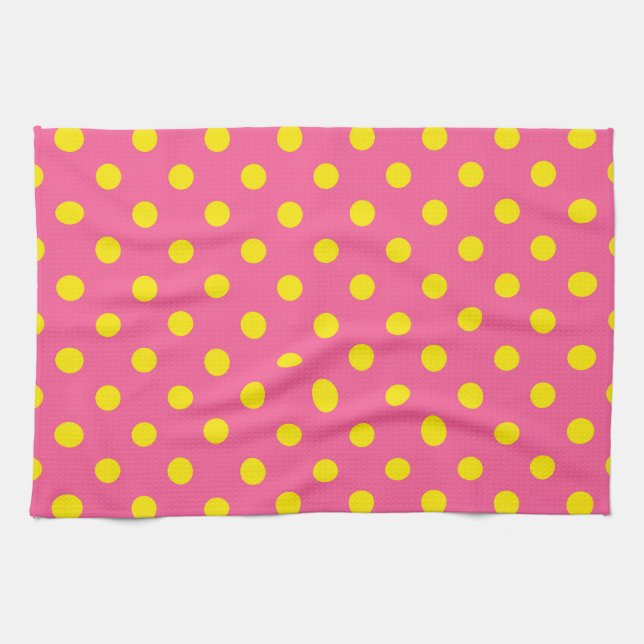 Yellow On Pink Polka Dots Pattern Design Kitchen Towel (Horizontal)