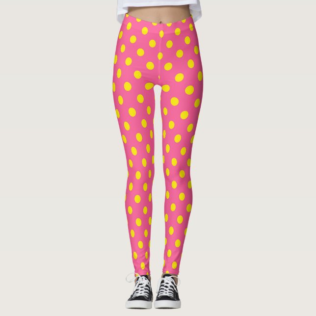 Yellow On Pink Polka Dots Pattern Design Leggings (Front)