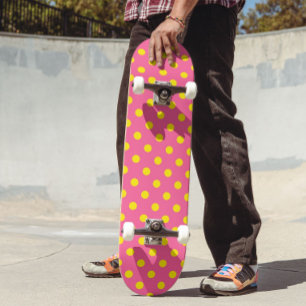 Yellow On Pink Polka Dots Pattern Design Skateboard