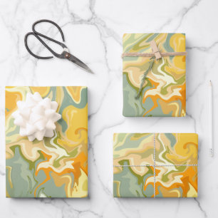Yellow, Orange, and Green Abstract Fluid Art Wrapping Paper Sheet