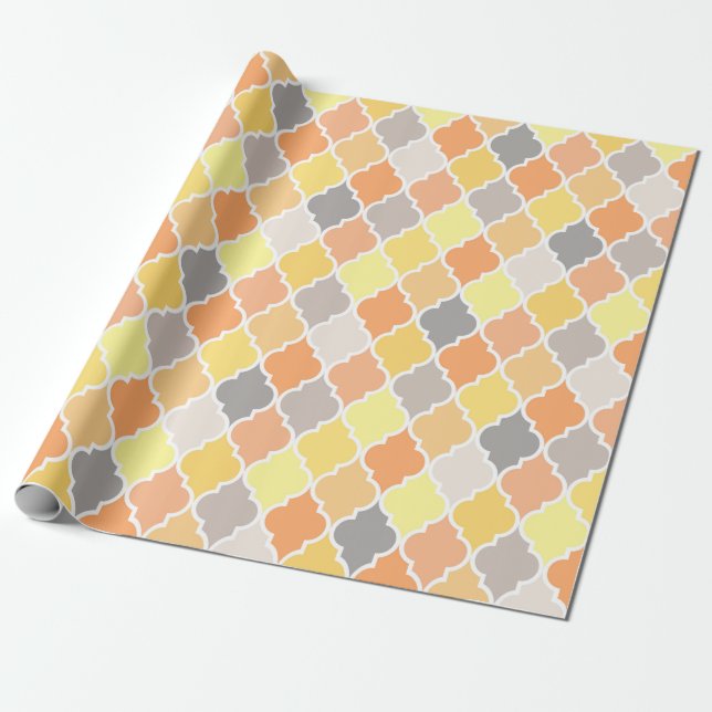 Yellow, orange and grey quatrefoil pattern wrapping paper (Unrolled)